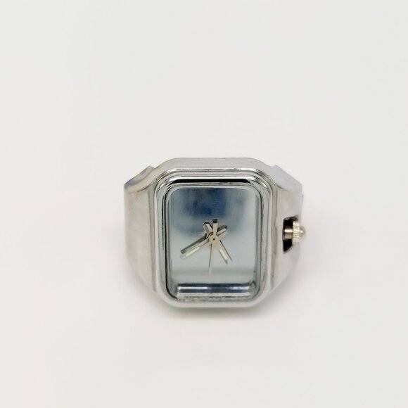 Vintage-like All silver tone mirror dial (2 glow hands) rectangular ring watch b - Picture 2 of 6